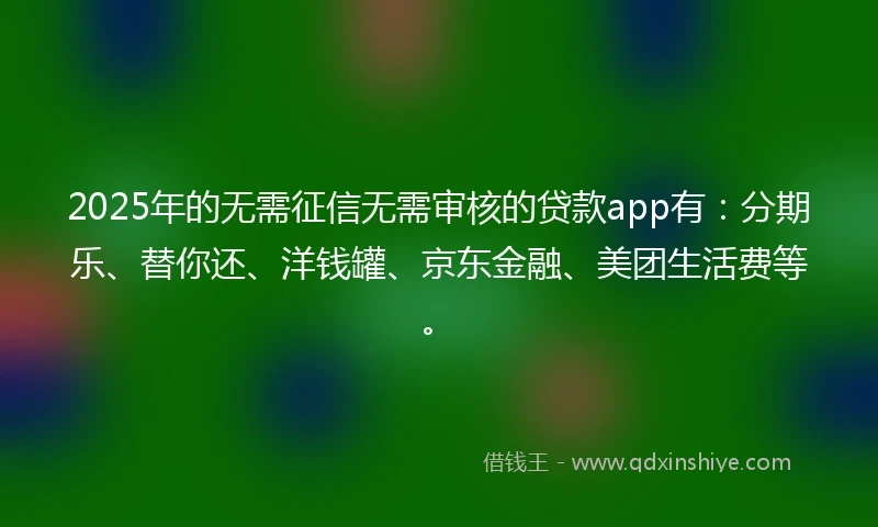 2025年的无需征信无需审核的贷款app有：分期乐、替你还、洋钱罐、京东金融、美团生活费等。