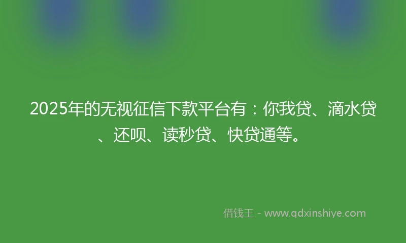 2025年的无视征信下款平台有：你我贷、滴水贷、还呗、读秒贷、快贷通等。