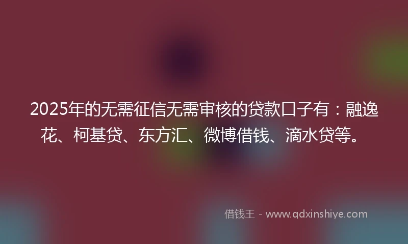 2025年的无需征信无需审核的贷款口子有：融逸花、柯基贷、东方汇、微博借钱、滴水贷等。