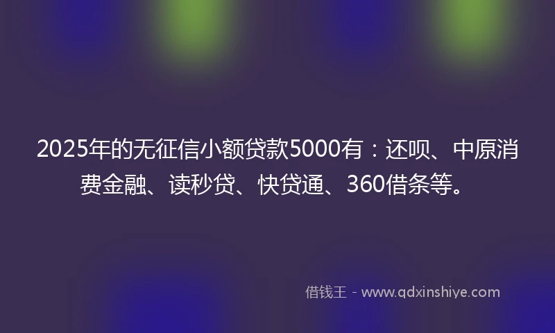 2025年的无征信小额贷款5000有：还呗、中原消费金融、读秒贷、快贷通、360借条等。