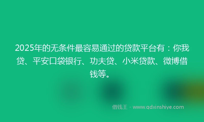 2025年的无条件最容易通过的贷款平台有：你我贷、平安口袋银行、功夫贷、小米贷款、微博借钱等。
