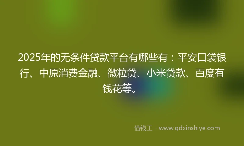 2025年的无条件贷款平台有哪些有：平安口袋银行、中原消费金融、微粒贷、小米贷款、百度有钱花等。