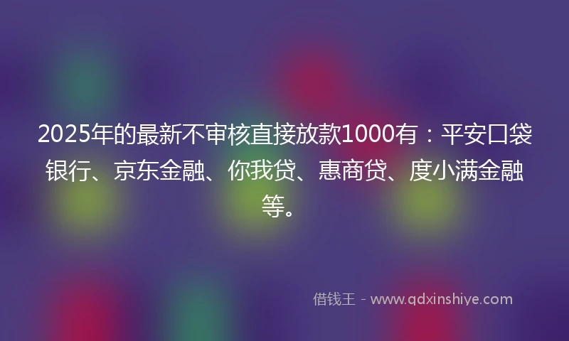 2025年的最新不审核直接放款1000有：平安口袋银行、京东金融、你我贷、惠商贷、度小满金融等。