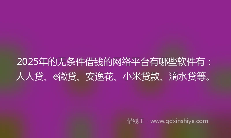 2025年的无条件借钱的网络平台有哪些软件有：人人贷、e微贷、安逸花、小米贷款、滴水贷等。