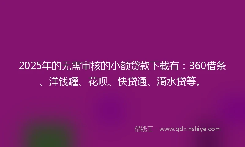 2025年的无需审核的小额贷款下载有：360借条、洋钱罐、花呗、快贷通、滴水贷等。