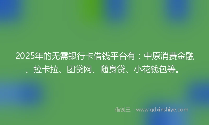2025年的无需银行卡借钱平台有：中原消费金融、拉卡拉、团贷网、随身贷、小花钱包等。