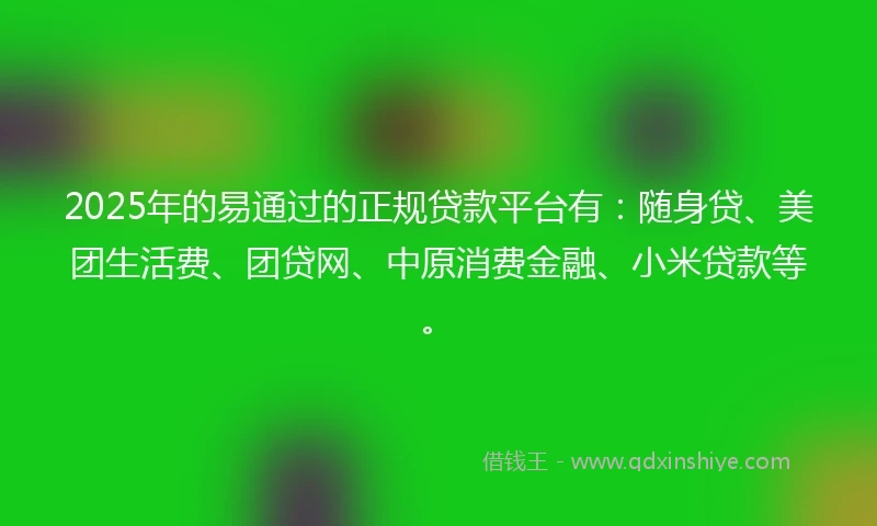 2025年的易通过的正规贷款平台有：随身贷、美团生活费、团贷网、中原消费金融、小米贷款等。
