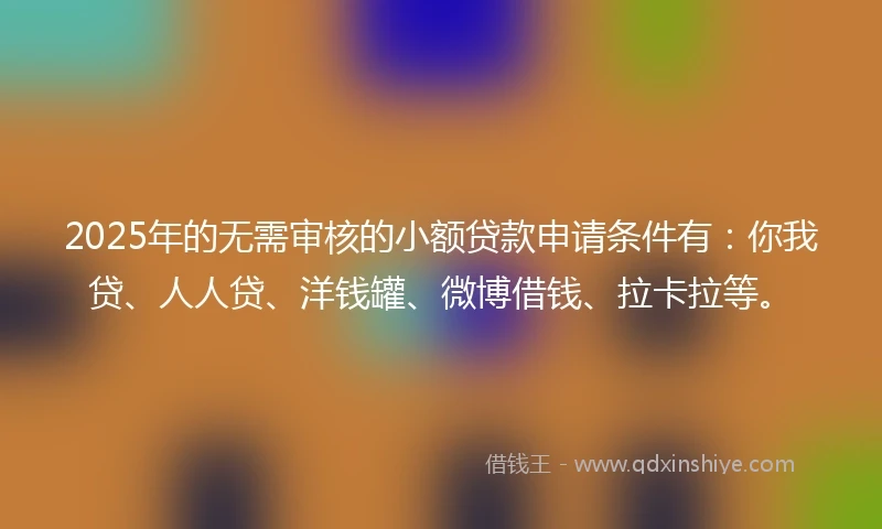 2025年的无需审核的小额贷款申请条件有：你我贷、人人贷、洋钱罐、微博借钱、拉卡拉等。