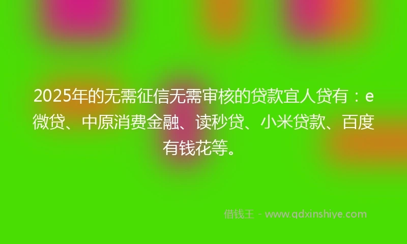 2025年的无需征信无需审核的贷款宜人贷有：e微贷、中原消费金融、读秒贷、小米贷款、百度有钱花等。