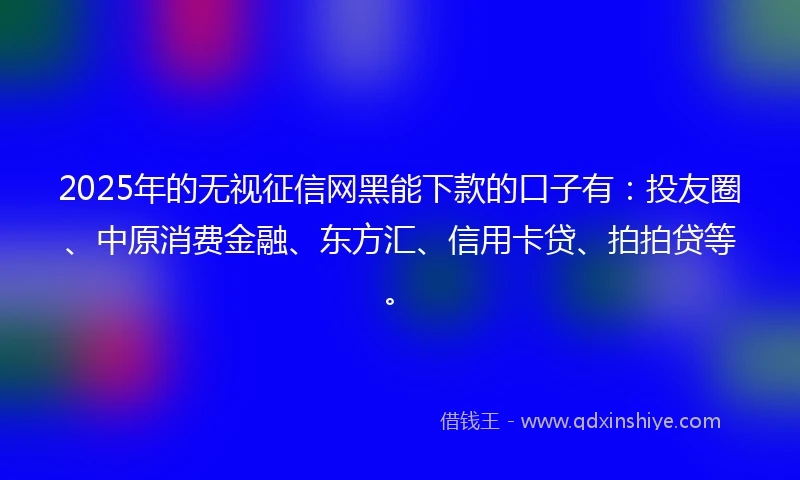 2025年的无视征信网黑能下款的口子有：投友圈、中原消费金融、东方汇、信用卡贷、拍拍贷等。