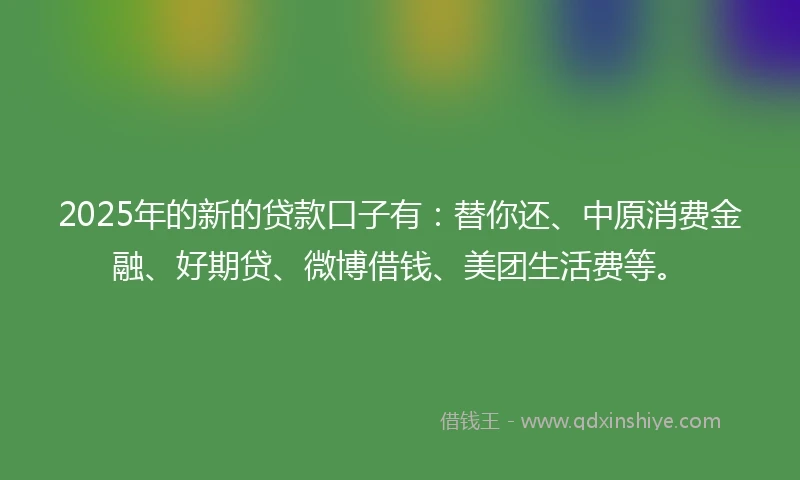2025年的新的贷款口子有:替你还、中原消费金融、好期贷、微博借钱、美团生活费等。