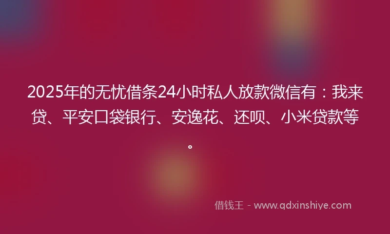 2025年的无忧借条24小时私人放款微信有：我来贷、平安口袋银行、安逸花、还呗、小米贷款等。