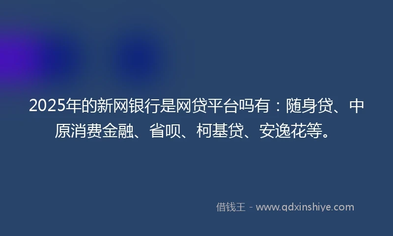 2025年的新网银行是网贷平台吗有：随身贷、中原消费金融、省呗、柯基贷、安逸花等。
