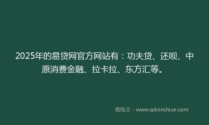 2025年的易贷网官方网站有：功夫贷、还呗、中原消费金融、拉卡拉、东方汇等。