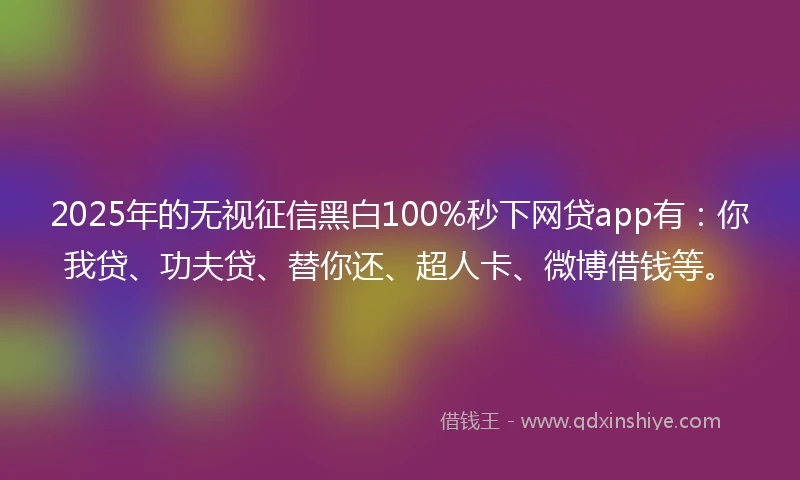 2025年的无视征信黑白100%秒下网贷app有：你我贷、功夫贷、替你还、超人卡、微博借钱等。