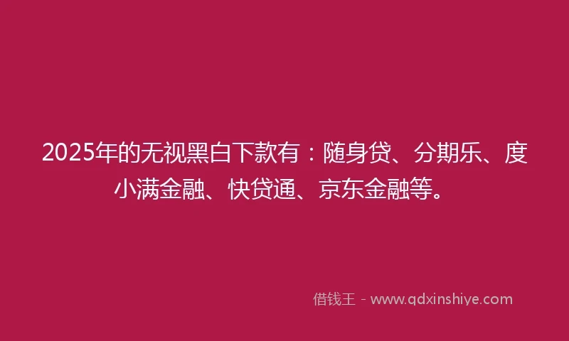 2025年的无视黑白下款有：随身贷、分期乐、度小满金融、快贷通、京东金融等。