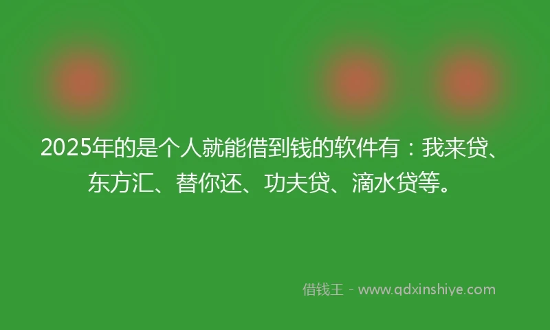 2025年的是个人就能借到钱的软件有：我来贷、东方汇、替你还、功夫贷、滴水贷等。