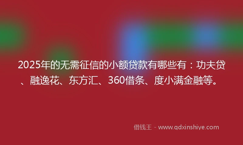 2025年的无需征信的小额贷款有哪些有：功夫贷、融逸花、东方汇、360借条、度小满金融等。