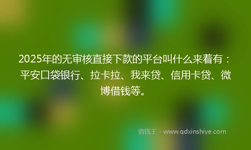 2025年的无审核直接下款的平台叫什么来着有：平安口袋银行、拉卡拉、我来贷、信用卡贷、微博借钱等。