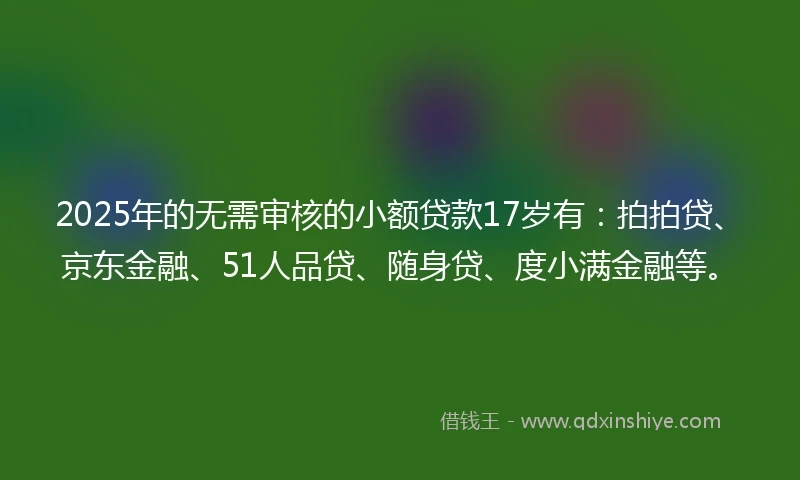 2025年的无需审核的小额贷款17岁有：拍拍贷、京东金融、51人品贷、随身贷、度小满金融等。