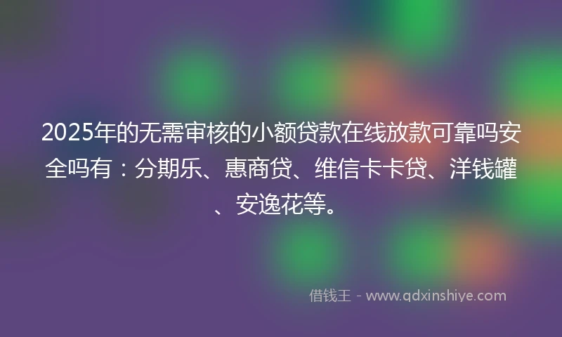 2025年的无需审核的小额贷款在线放款可靠吗安全吗有：分期乐、惠商贷、维信卡卡贷、洋钱罐、安逸花等。