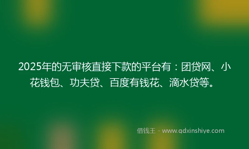 2025年的无审核直接下款的平台有：团贷网、小花钱包、功夫贷、百度有钱花、滴水贷等。