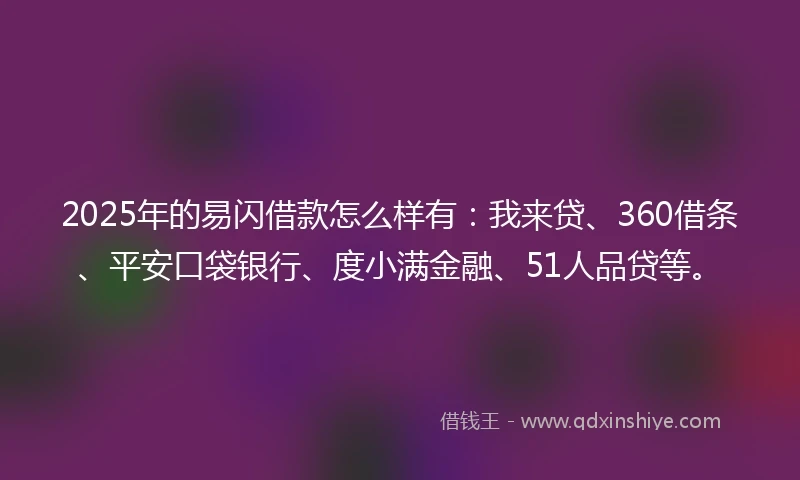 2025年的易闪借款怎么样有：我来贷、360借条、平安口袋银行、度小满金融、51人品贷等。
