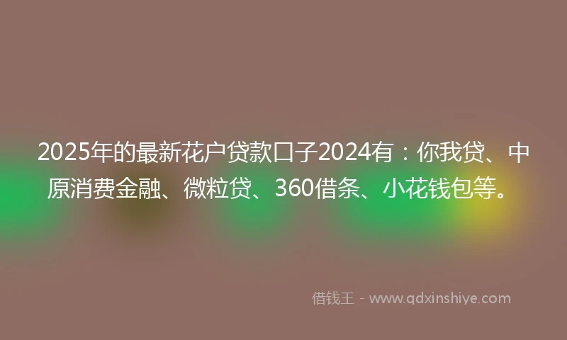 2025年的最新花户贷款口子2024有:你我贷、中原消费金融、微粒贷、360借条、小花钱包等。