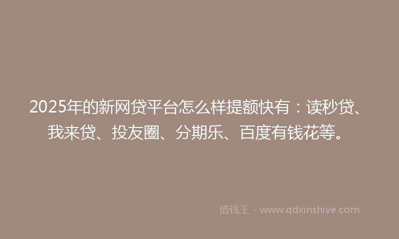 2025年的新网贷平台怎么样提额快有：读秒贷、我来贷、投友圈、分期乐、百度有钱花等。