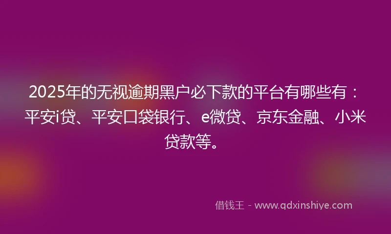 2025年的无视逾期黑户必下款的平台有哪些有：平安i贷、平安口袋银行、e微贷、京东金融、小米贷款等。