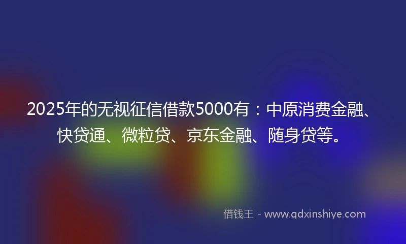 2025年的无视征信借款5000有：中原消费金融、快贷通、微粒贷、京东金融、随身贷等。