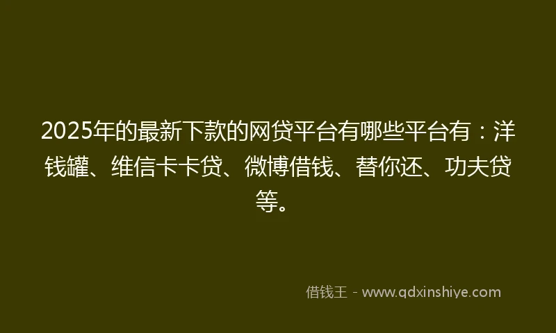 2025年的最新下款的网贷平台有哪些平台有：洋钱罐、维信卡卡贷、微博借钱、替你还、功夫贷等。