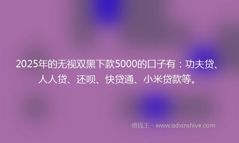 2025年的无视双黑下款5000的口子有：功夫贷、人人贷、还呗、快贷通、小米贷款等。