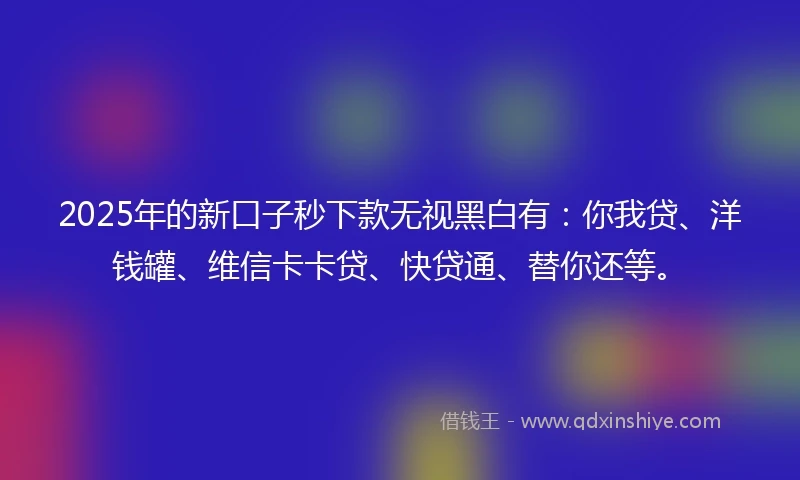 2025年的新口子秒下款无视黑白有：你我贷、洋钱罐、维信卡卡贷、快贷通、替你还等。
