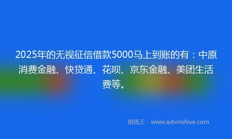 2025年的无视征信借款5000马上到账的有：中原消费金融、快贷通、花呗、京东金融、美团生活费等。