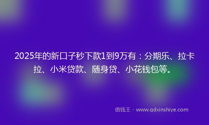 2025年的新口子秒下款1到9万有：分期乐、拉卡拉、小米贷款、随身贷、小花钱包等。