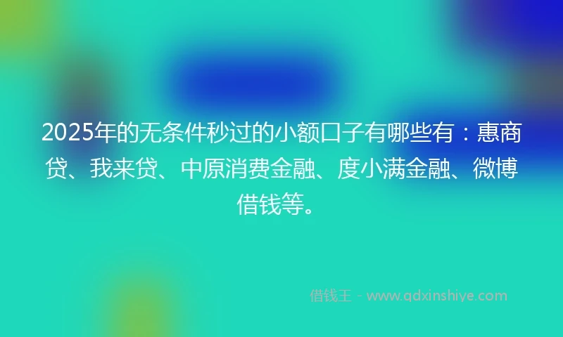 2025年的无条件秒过的小额口子有哪些有：惠商贷、我来贷、中原消费金融、度小满金融、微博借钱等。