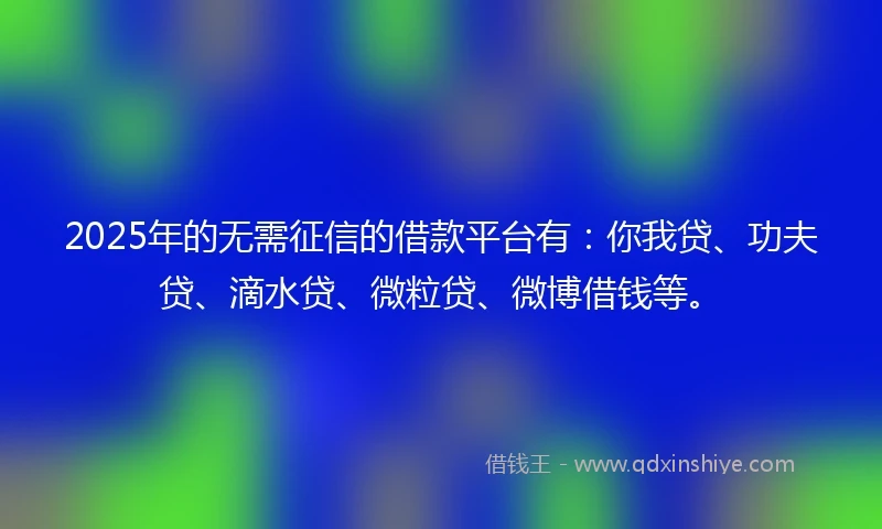 2025年的无需征信的借款平台有：你我贷、功夫贷、滴水贷、微粒贷、微博借钱等。