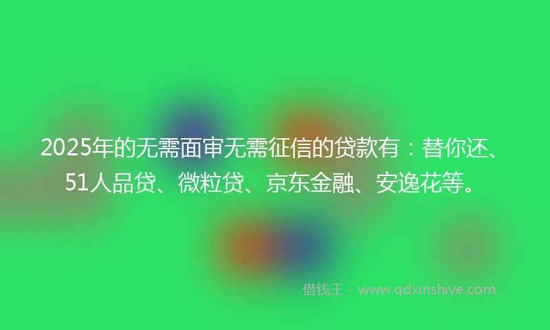 2025年的无需面审无需征信的贷款有：替你还、51人品贷、微粒贷、京东金融、安逸花等。