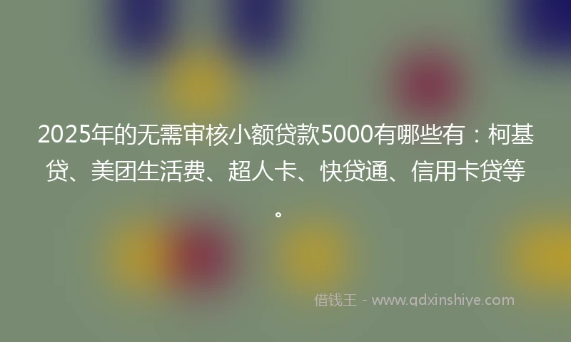 2025年的无需审核小额贷款5000有哪些有：柯基贷、美团生活费、超人卡、快贷通、信用卡贷等。