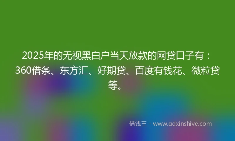 2025年的无视黑白户当天放款的网贷口子有：360借条、东方汇、好期贷、百度有钱花、微粒贷等。