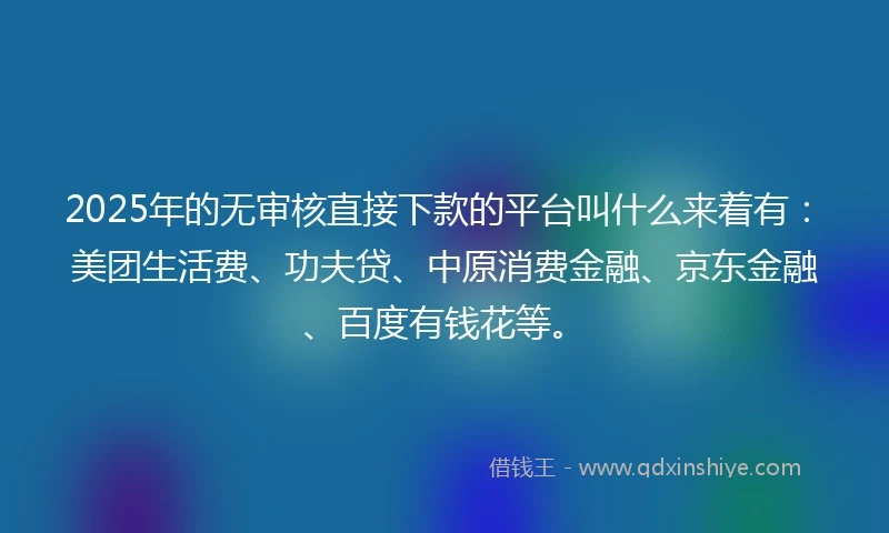 2025年的无审核直接下款的平台叫什么来着有：美团生活费、功夫贷、中原消费金融、京东金融、百度有钱花等。