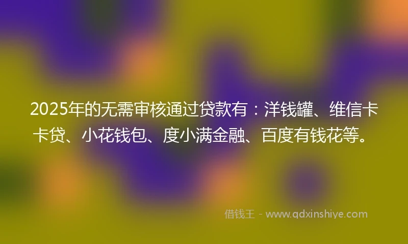 2025年的无需审核通过贷款有：洋钱罐、维信卡卡贷、小花钱包、度小满金融、百度有钱花等。