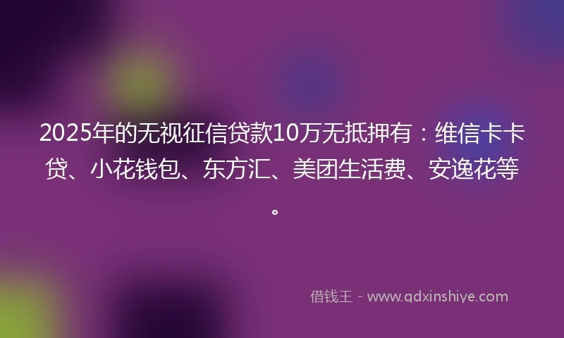 2025年的无视征信贷款10万无抵押有：维信卡卡贷、小花钱包、东方汇、美团生活费、安逸花等。