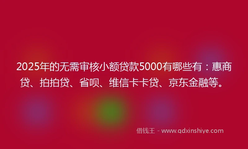 2025年的无需审核小额贷款5000有哪些有:惠商贷、拍拍贷、省呗、维信卡卡贷、京东金融等。