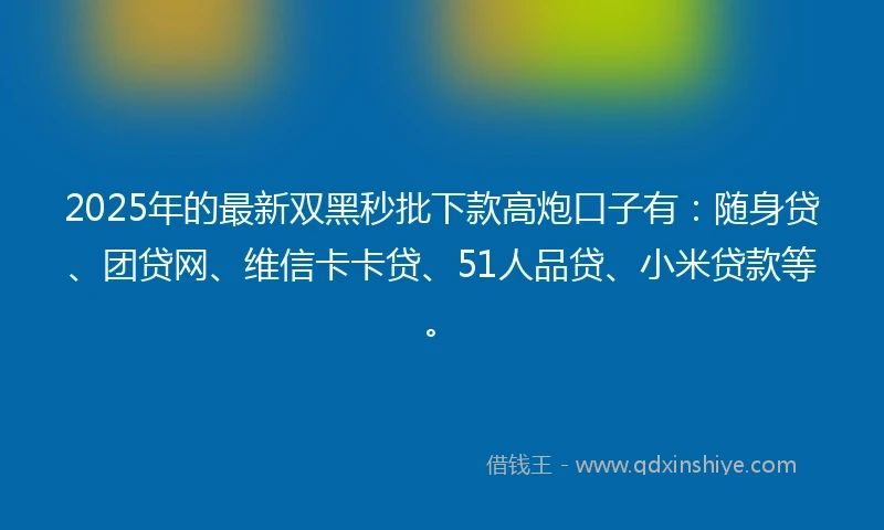 2025年的最新双黑秒批下款高炮口子有：随身贷、团贷网、维信卡卡贷、51人品贷、小米贷款等。