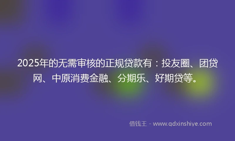 2025年的无需审核的正规贷款有：投友圈、团贷网、中原消费金融、分期乐、好期贷等。