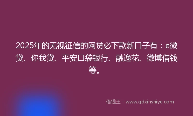 2025年的无视征信的网贷必下款新口子有：e微贷、你我贷、平安口袋银行、融逸花、微博借钱等。