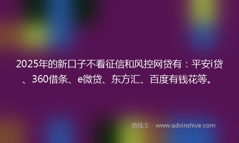 2025年的新口子不看征信和风控网贷有：平安i贷、360借条、e微贷、东方汇、百度有钱花等。