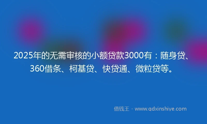 2025年的无需审核的小额贷款3000有：随身贷、360借条、柯基贷、快贷通、微粒贷等。